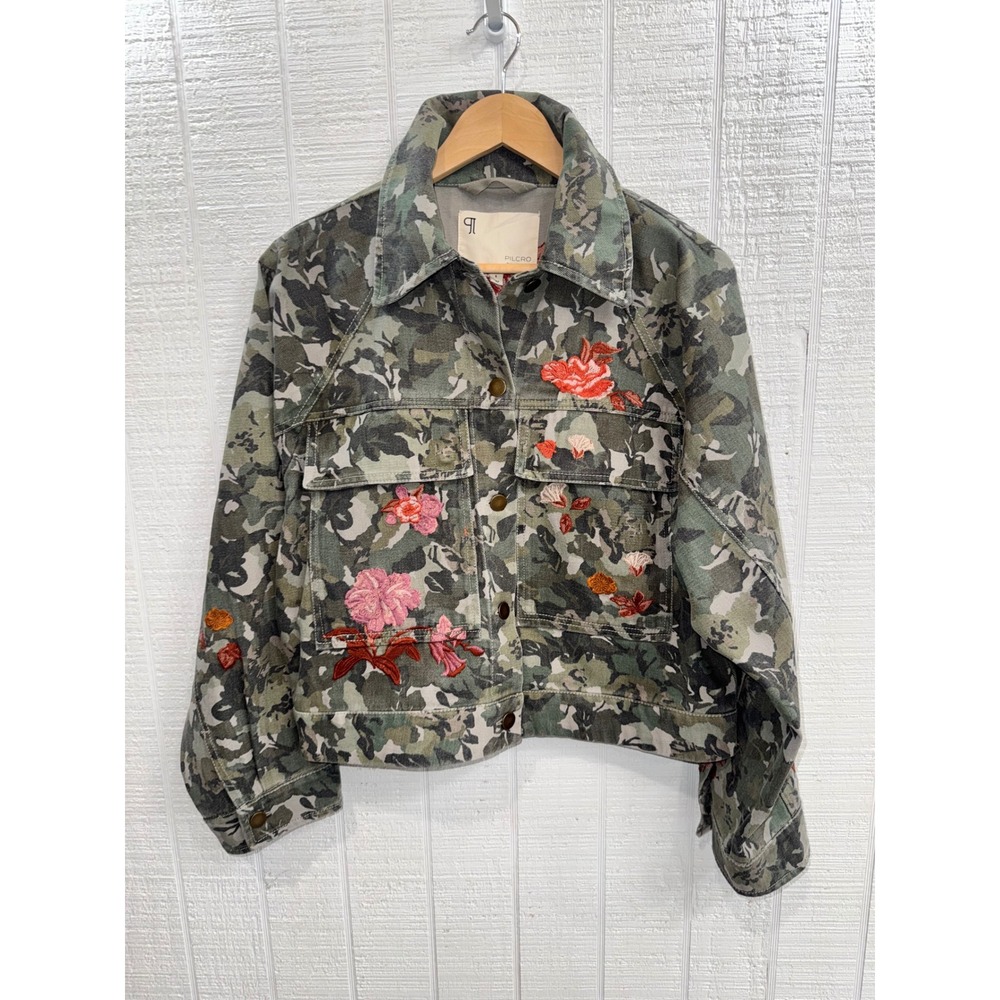 Pilcro Denim Jacket Women Small Green Camo Floral Embroidered Cropped Button Up